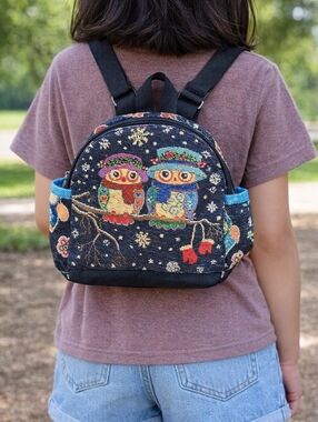 Owl Tapestry Mini Backpack Boho Winter Bag 9”